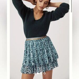 Anthropologie Nikasha Embroidered Tiered Mini Skirt Size In Blue Motif XS NWT